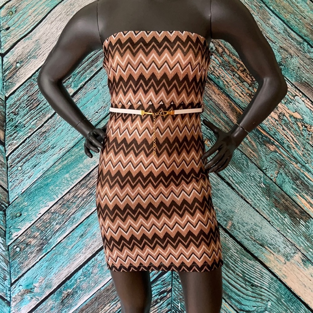 NWT Metallic Thread Chevron Belted Strapless Mini Dress S